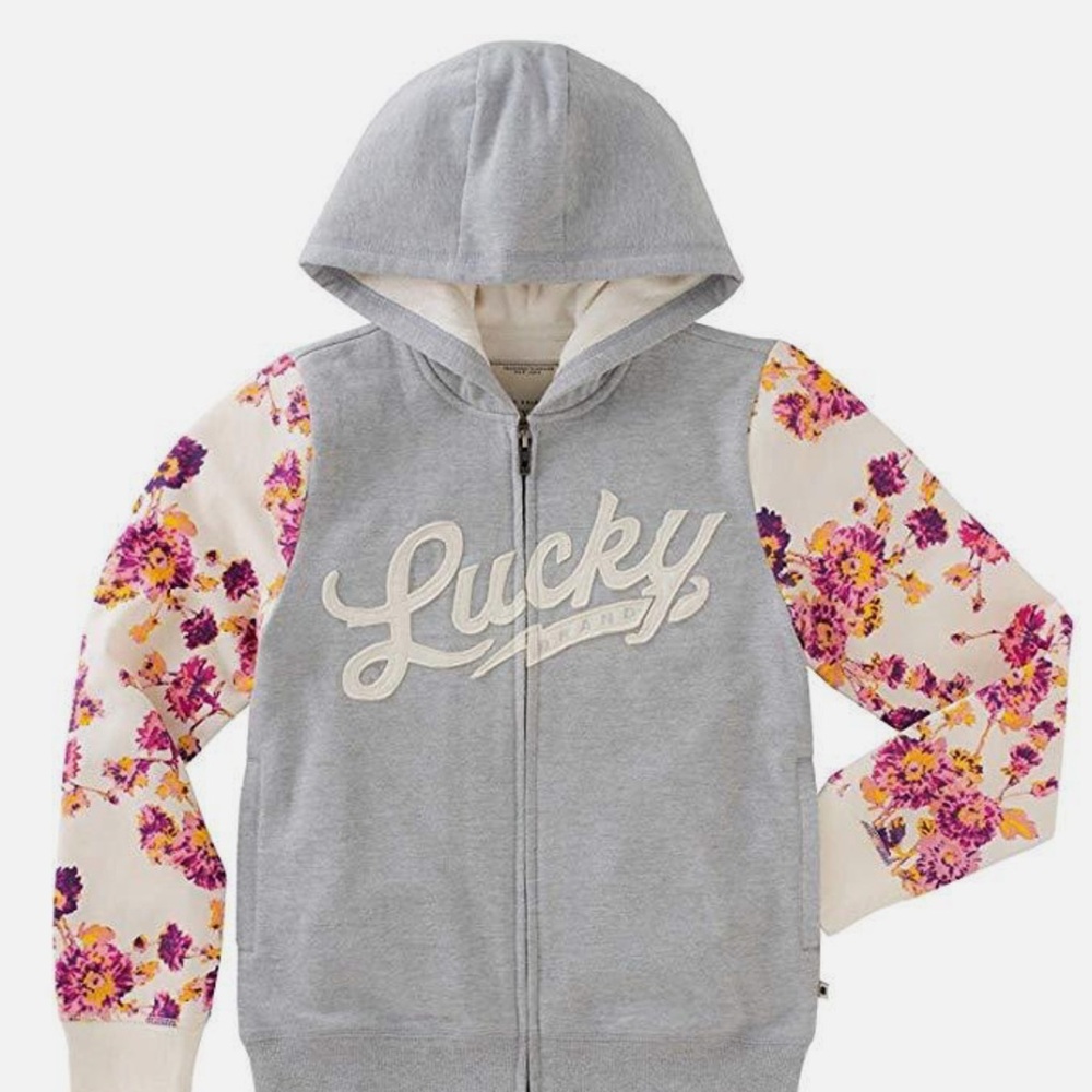 Lucky Brand Girls' Plush Lined Hoodie Jacket Gray M 10 / 12 Zipper Floral
